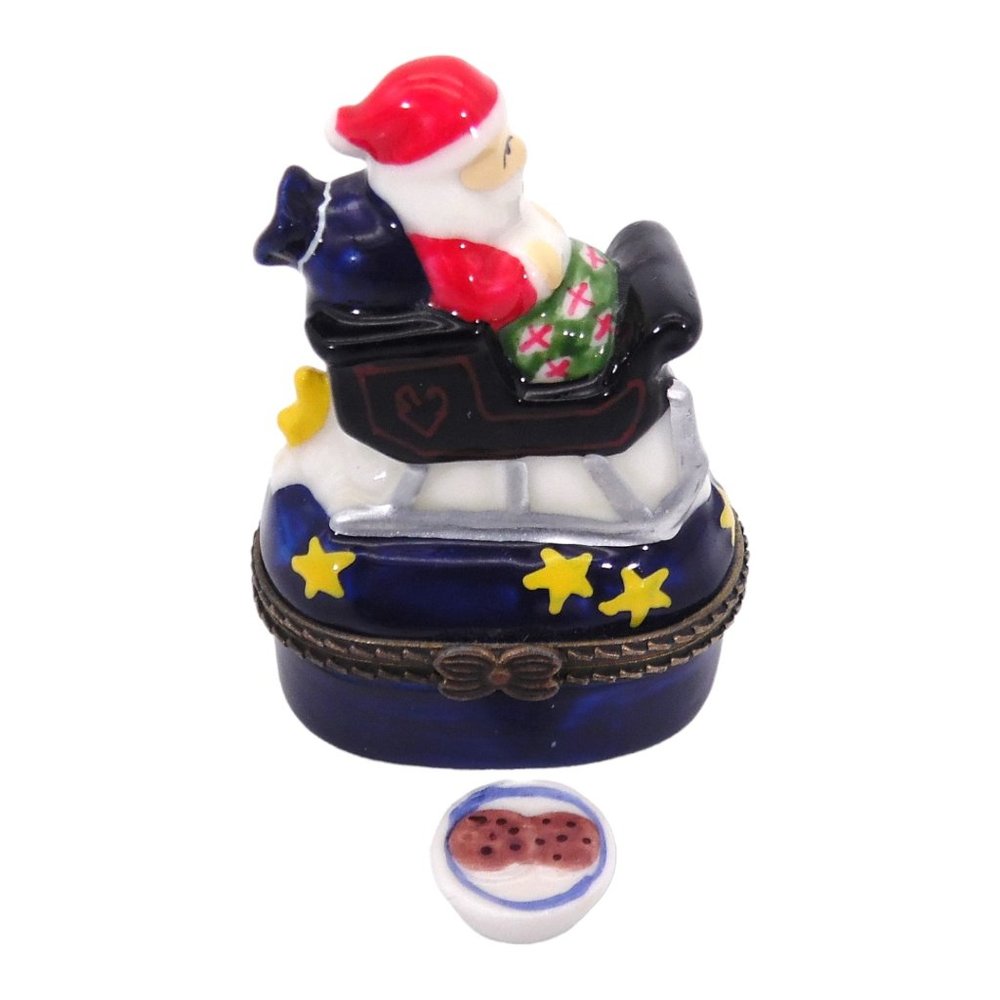 Santa Claus In Sleigh Hinged Trinket Box With Tiny Plate Of Cookies Porcelain